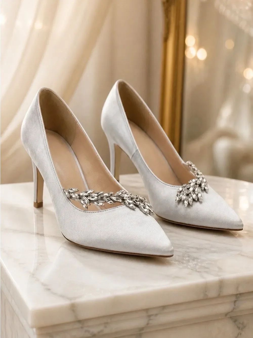 Elegant Women's Satin Pointed Toe Pumps with Crystal Accent - Silver